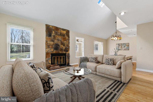 Dining room, Fireplace, Interior, Living room, Pendant Lights, Recessed Lighting, Stone Walls, Wood Texture Flooring