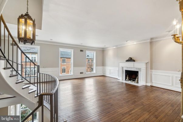 Empty room, Fireplace, Interior, Pendant Lights, Recessed Lighting, Wood Texture Flooring