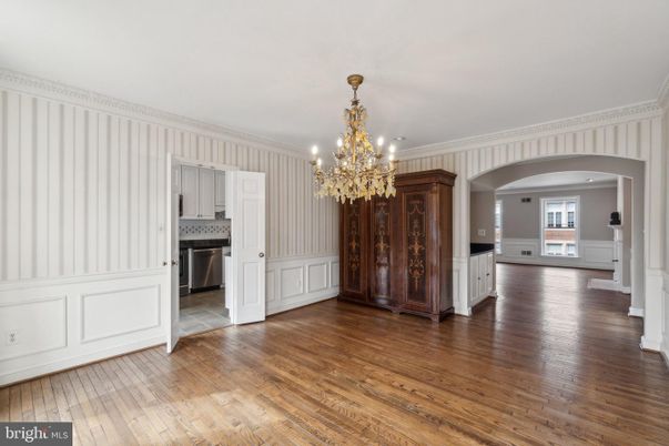 Chandelier, Empty room, Interior, Kitchen, Stainless Steel Appliances, Wood Texture Flooring