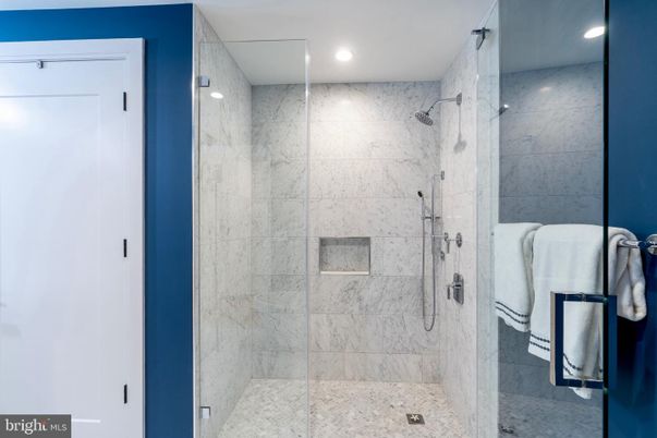 Bathroom, Glass Shower, Interior, Marble Walls, Recessed Lighting