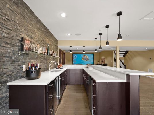 Interior, Kitchen, Pendant Lights, Recessed Lighting, Stone Walls, Wood Texture Flooring
