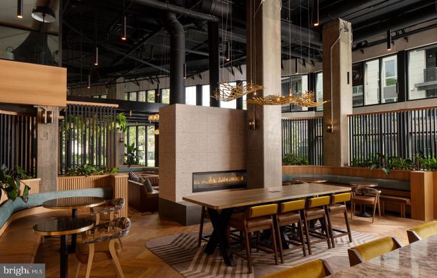 Dining room, Fireplace, Interior, Pendant Lights, Wood Texture Flooring