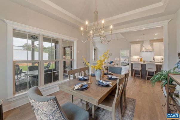 Chandelier, Dining room, Interior, Kitchen, Pendant Lights, Recessed Lighting, Wood Texture Flooring