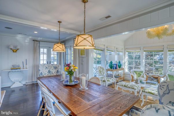 Dining room, Interior, Pendant Lights, Recessed Lighting, Wood Texture Flooring