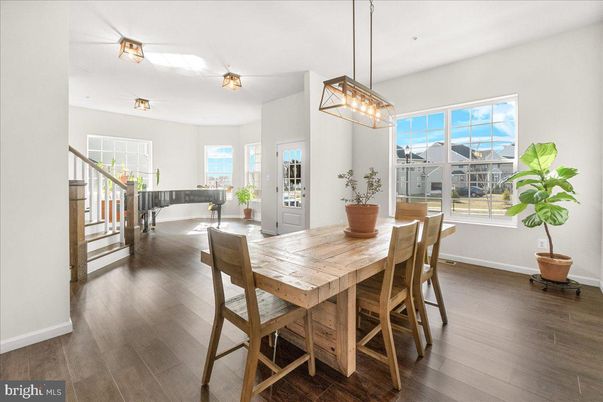 Dining room, Interior, Pendant Lights, Wood Texture Flooring