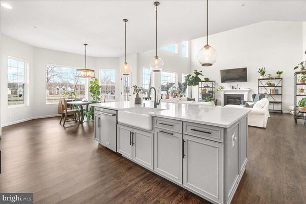 Dining room, Fireplace, Interior, Kitchen, Living room, Pendant Lights, Recessed Lighting, Wood Texture Flooring