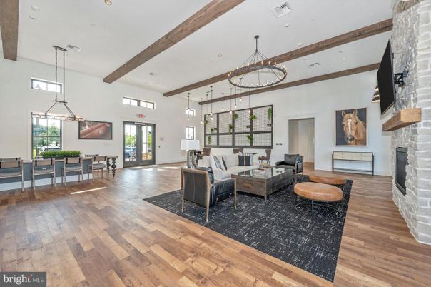 Dining room, Fireplace, Interior, Living room, Pendant Lights, Recessed Lighting, Wooden Beams, Wood Texture Flooring