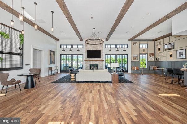 Dining room, Fireplace, Interior, Living room, Pendant Lights, Recessed Lighting, Wooden Beams, Wood Texture Flooring