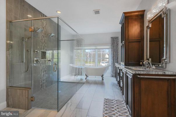 Bathroom, Dual Sink Vanities, Free Standing Baths, Glass Shower, Interior, Marble, Recessed Lighting