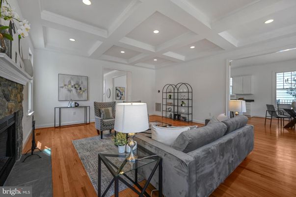 Dining room, Fireplace, Interior, Living room, Recessed Lighting, Wood Texture Flooring