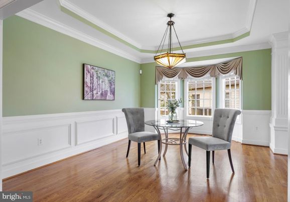 Dining room, Interior, Pendant Lights, Wood Texture Flooring