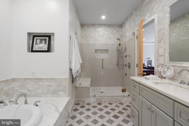 Bathroom, Dual Sink Vanities, Glass Shower, Interior, Recessed Lighting