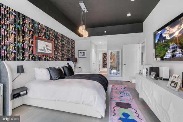 Bedroom, Interior, Pendant Lights, Recessed Lighting, Wood Texture Flooring