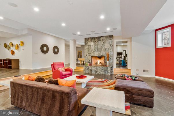 Fireplace, Interior, Living room, Recessed Lighting, Stone Walls
