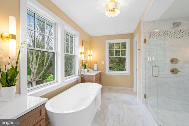 Bathroom, Free Standing Baths, Glass Shower, Interior, Marble, Marble Walls