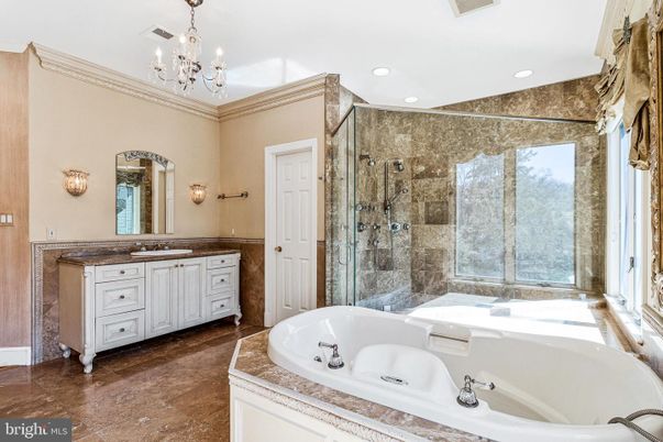Bathroom, Chandelier, Dual Sink Vanities, Glass Shower, Interior, Recessed Lighting