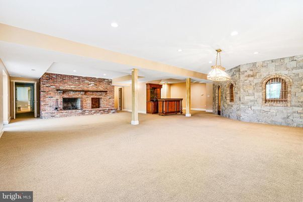 Empty room, Fireplace, Interior, Pendant Lights, Recessed Lighting, Stone Walls