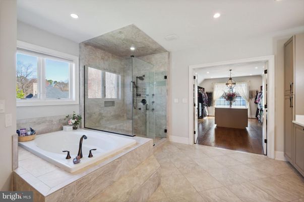 Bathroom, Chandelier, Glass Shower, Interior, Pendant Lights, Recessed Lighting, Wood Texture Flooring