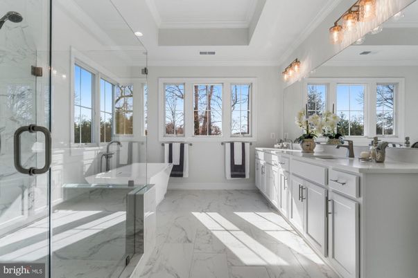 Bathroom, Dual Sink Vanities, Glass Shower, Interior, Marble, Recessed Lighting