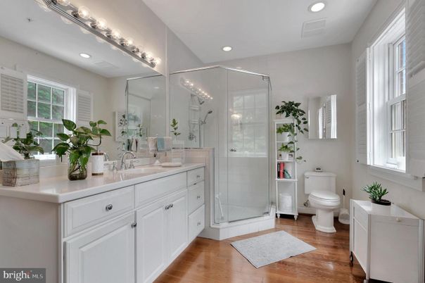 Bathroom, Glass Shower, Interior, Recessed Lighting, Wood Texture Flooring