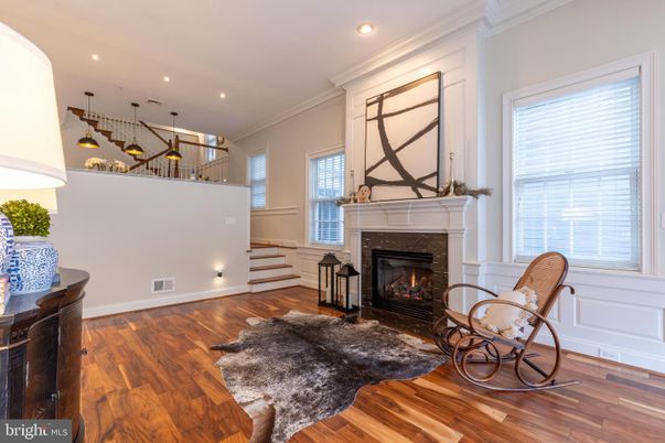 Fireplace, Interior, Pendant Lights, Recessed Lighting, Wood Texture Flooring