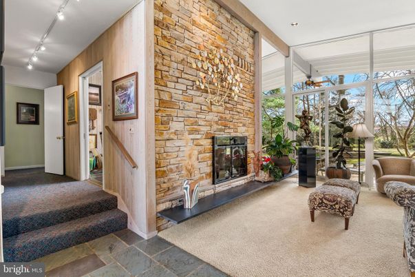 Fireplace, Interior, Recessed Lighting, Stone Walls, Wooden Walls