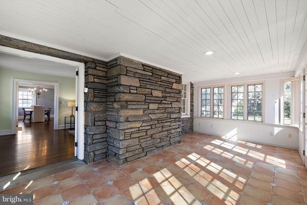 Empty room, Interior, Recessed Lighting, Stone Walls, Wood Texture Flooring