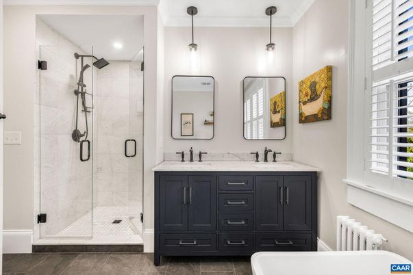 Bathroom, Dual Sink Vanities, Glass Shower, Interior, Pendant Lights, Recessed Lighting