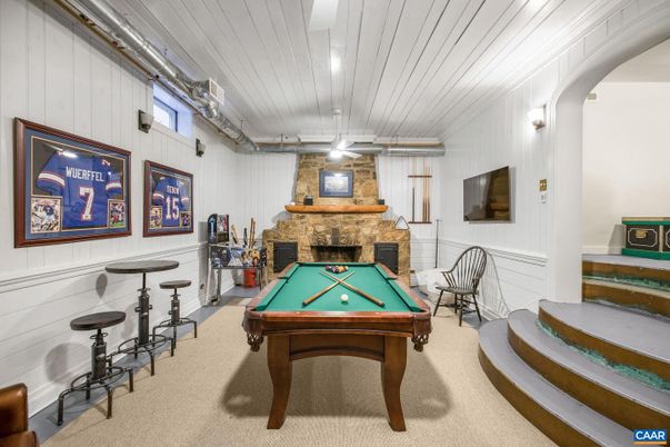 Billiard Table, Fireplace, Game Room, Interior, Stone Walls