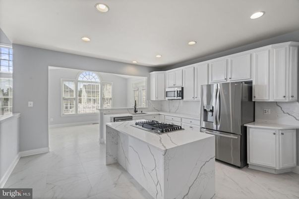 Interior, Kitchen, Marble, Marble Walls, Recessed Lighting, Stainless Steel Appliances