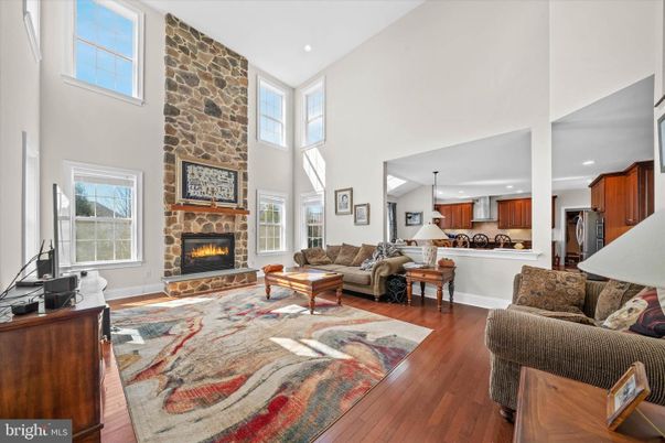 Fireplace, Interior, Kitchen, Living room, Pendant Lights, Recessed Lighting, Stone Walls, Wood Texture Flooring