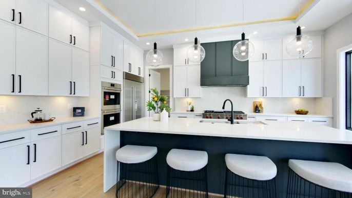 Interior, Kitchen, Pendant Lights, Recessed Lighting, Stainless Steel Appliances, Wood Texture Flooring