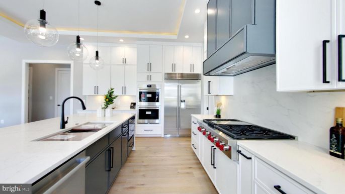 Interior, Kitchen, Pendant Lights, Recessed Lighting, Stainless Steel Appliances, Wood Texture Flooring