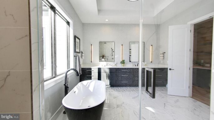 Bathroom, Dual Sink Vanities, Free Standing Baths, Interior, Marble, Marble Walls, Recessed Lighting