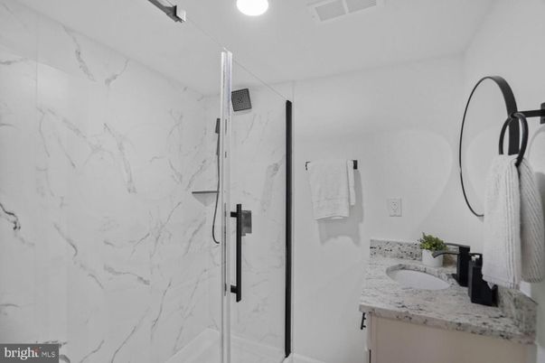 Bathroom, Glass Shower, Interior, Marble Walls, Recessed Lighting