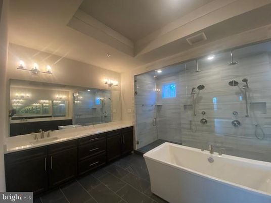 Bathroom, Dual Sink Vanities, Free Standing Baths, Glass Shower, Interior, Marble, Recessed Lighting