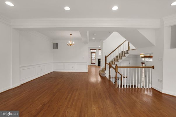 Chandelier, Empty room, Interior, Recessed Lighting, Wood Texture Flooring