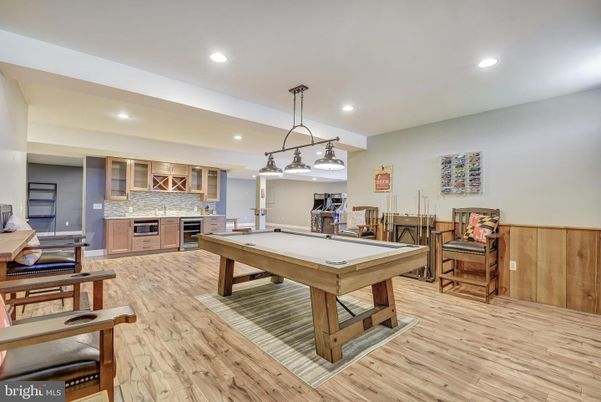 Billiard Table, Game Room, Interior, Pendant Lights, Recessed Lighting, Wood Texture Flooring