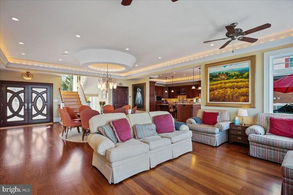 Chandelier, Dining room, Interior, Kitchen, Living room, Pendant Lights, Recessed Lighting, Wood Texture Flooring