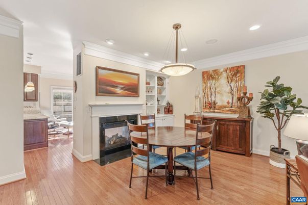 Dining room, Fireplace, Interior, Pendant Lights, Recessed Lighting, Wood Texture Flooring
