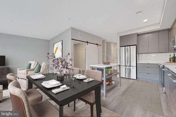 Dining room, Interior, Kitchen, Recessed Lighting, Stainless Steel Appliances, Wood Texture Flooring