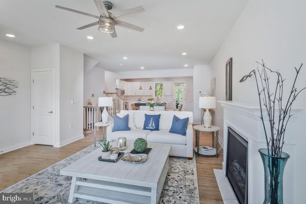 Fireplace, Interior, Kitchen, Living room, Recessed Lighting, Wood Texture Flooring