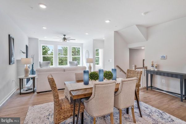 Dining room, Interior, Living room, Recessed Lighting, Wood Texture Flooring