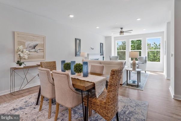 Dining room, Interior, Living room, Recessed Lighting, Wood Texture Flooring