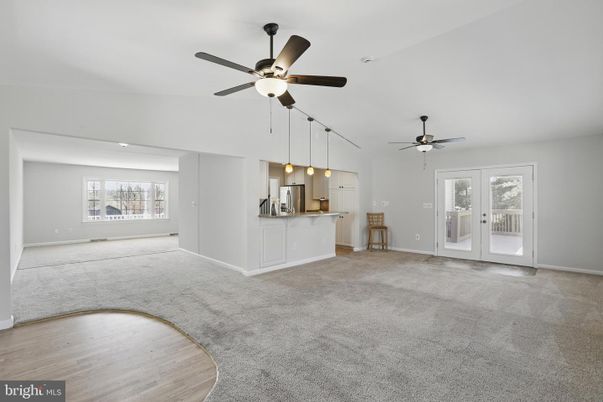Empty room, Interior, Kitchen, Pendant Lights, Recessed Lighting, Wood Texture Flooring