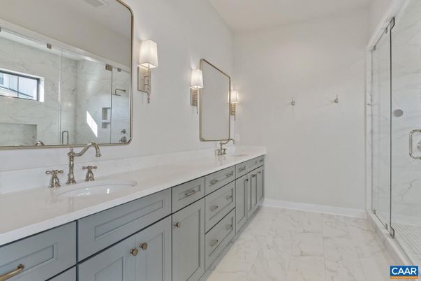 Bathroom, Dual Sink Vanities, Glass Shower, Interior, Marble, Marble Walls