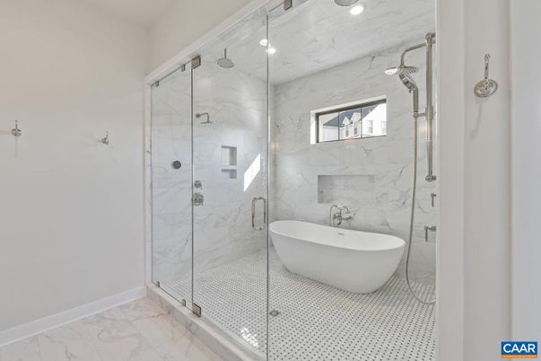 Bathroom, Free Standing Baths, Glass Shower, Interior, Marble, Marble Walls, Recessed Lighting