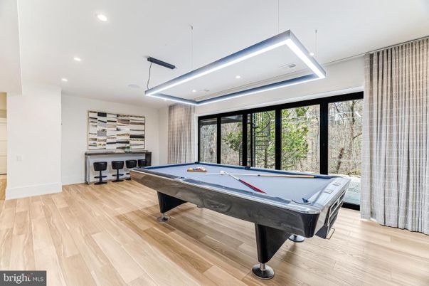 Billiard Table, Game Room, Interior, Pendant Lights, Recessed Lighting, Wood Texture Flooring