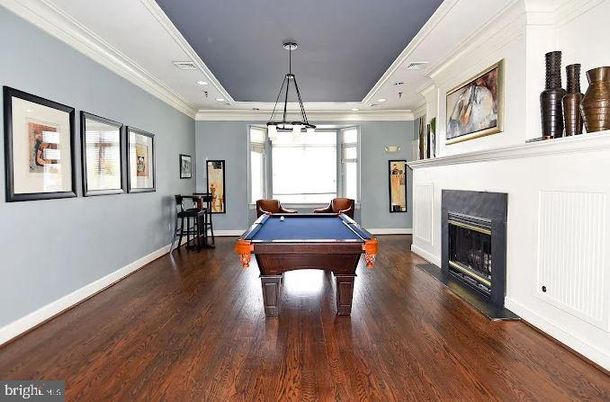 Billiard Table, Fireplace, Game Room, Interior, Pendant Lights, Recessed Lighting, Wood Texture Flooring