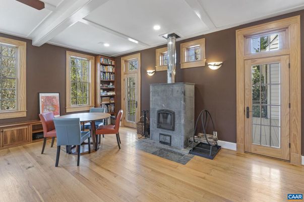 Dining room, Fireplace, Interior, Recessed Lighting, Wood Texture Flooring